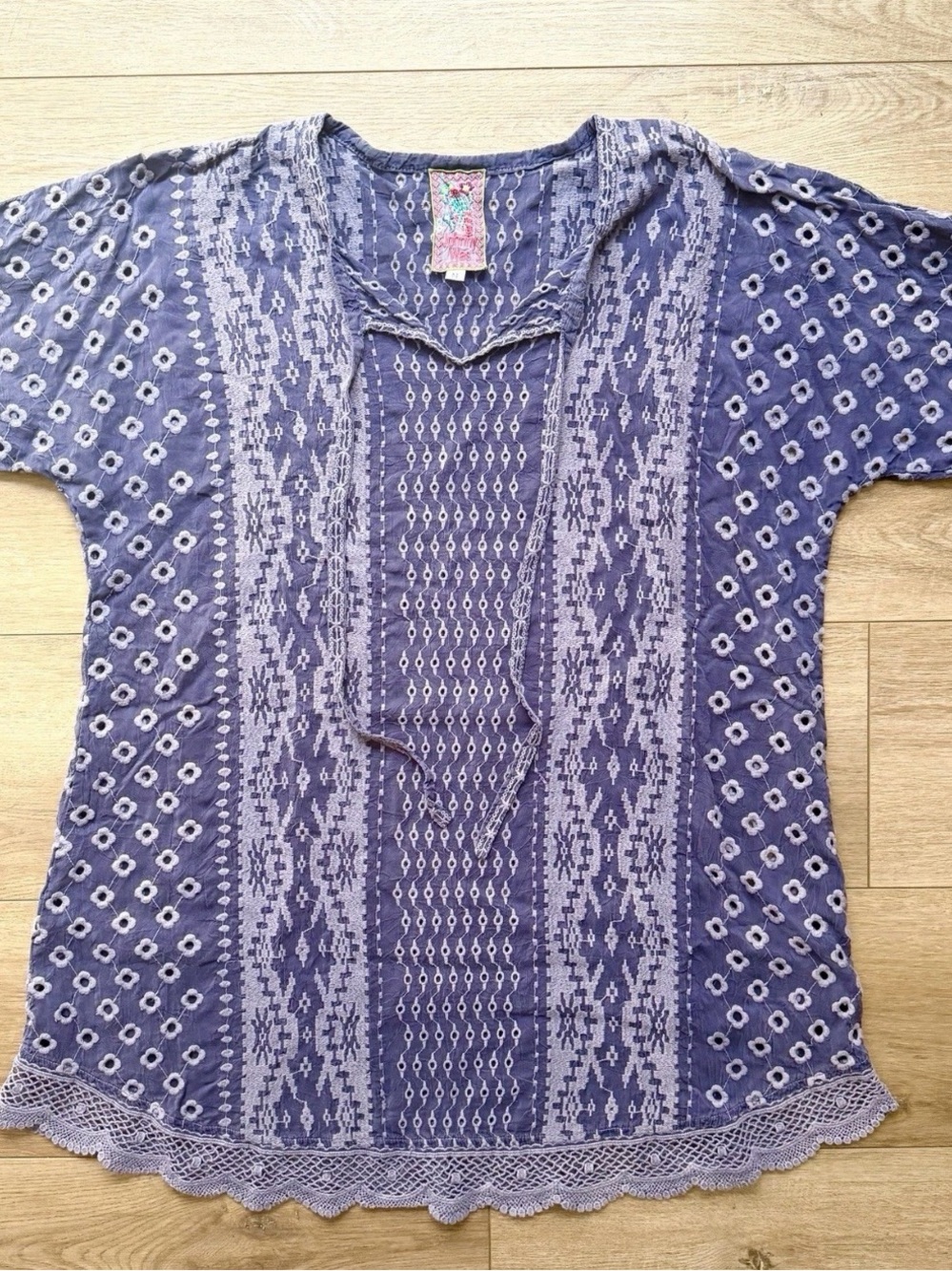 Johnny Was Peasant Tunic Blouse Womens M Steel Blue Embroidered Lace Cupra Boho